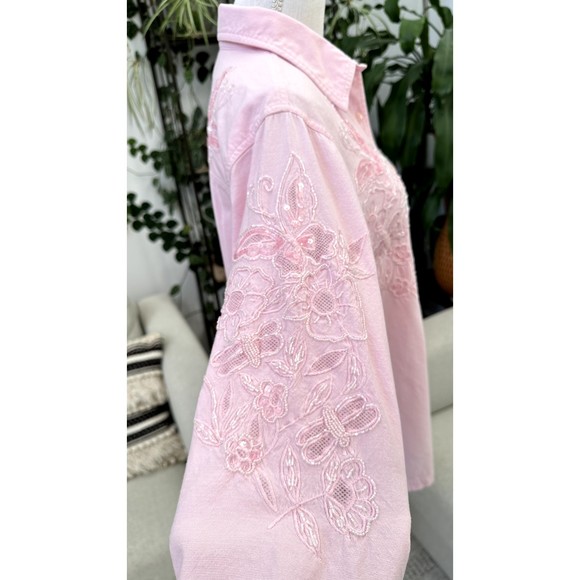 The Quacker Factory Shirt Floral Button Size M Soft Pink Sequin Embroidery Beads - Picture 13 of 15